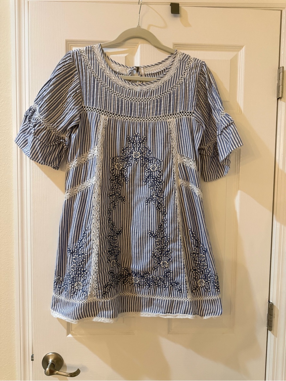 Free People Blue and White Striped Embroidered Mini Dress